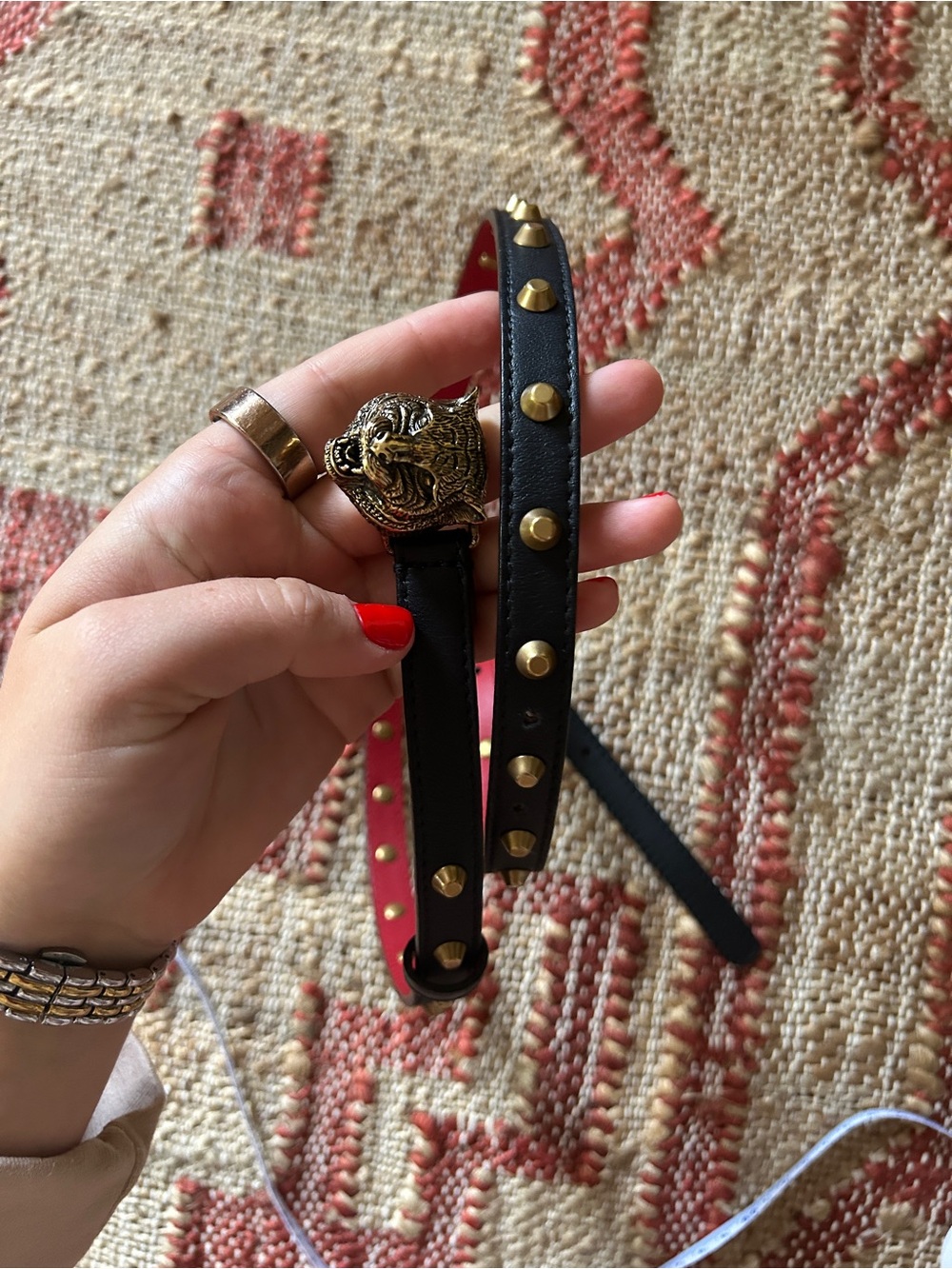 Designer inspired Black and authentic Red Leather Belt with Gold Tiger Buckle - Picture 2 of 2